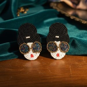 Handcrafted Beaded Face Earrings – Bold Woman Silhouette Statement Studs with Sunglasses