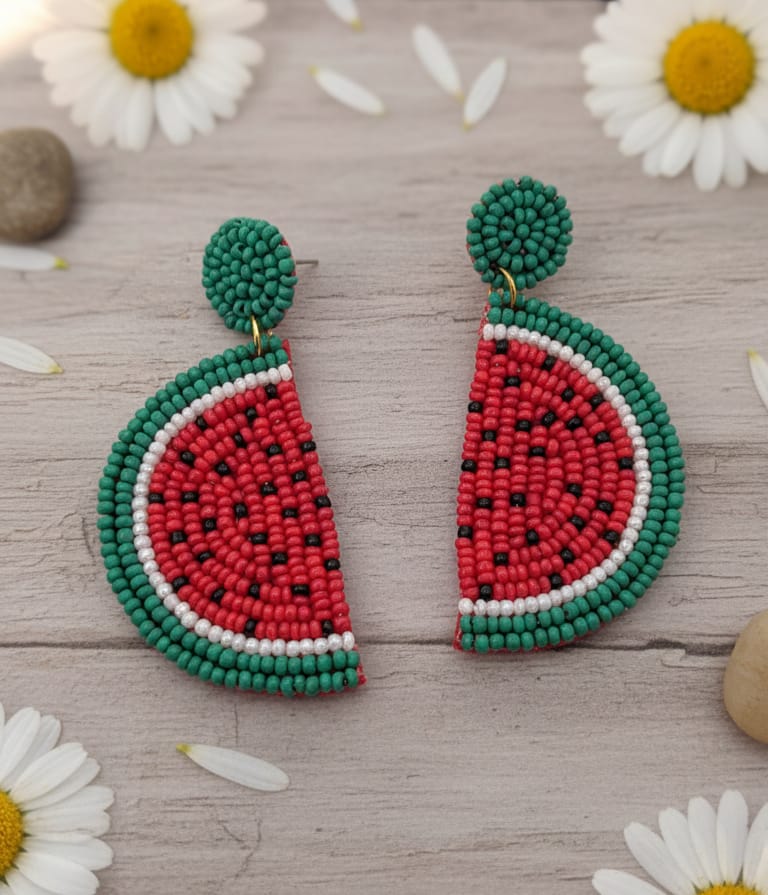 Handmade Watermelon Beaded Earrings – Summer Fruit Statement Jewelry | Vibrant Seed Bead Earrings for Women