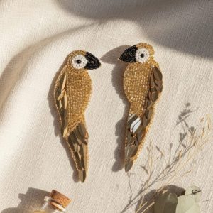 Handcrafted Gold Beaded Parrot Earrings – Elegant Statement Bird Jewelry for Women