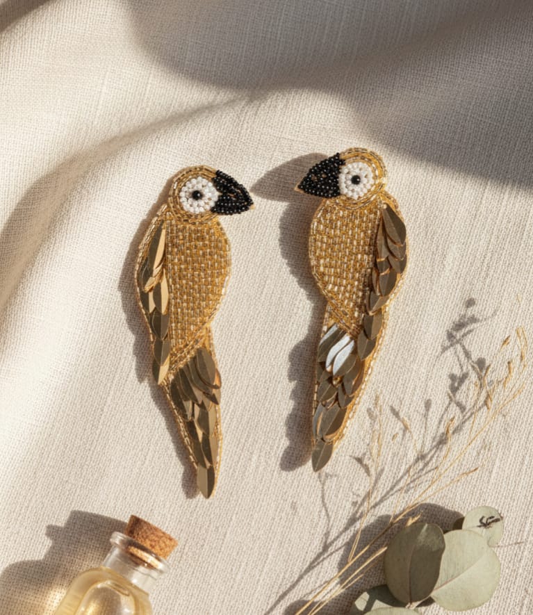 Handcrafted Gold Beaded Parrot Earrings – Elegant Statement Bird Jewelry for Women