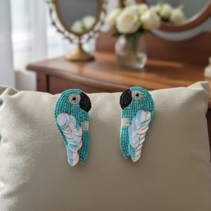 Handmade Turquoise Macaw Parrot Earrings - Beaded Statement Dangles