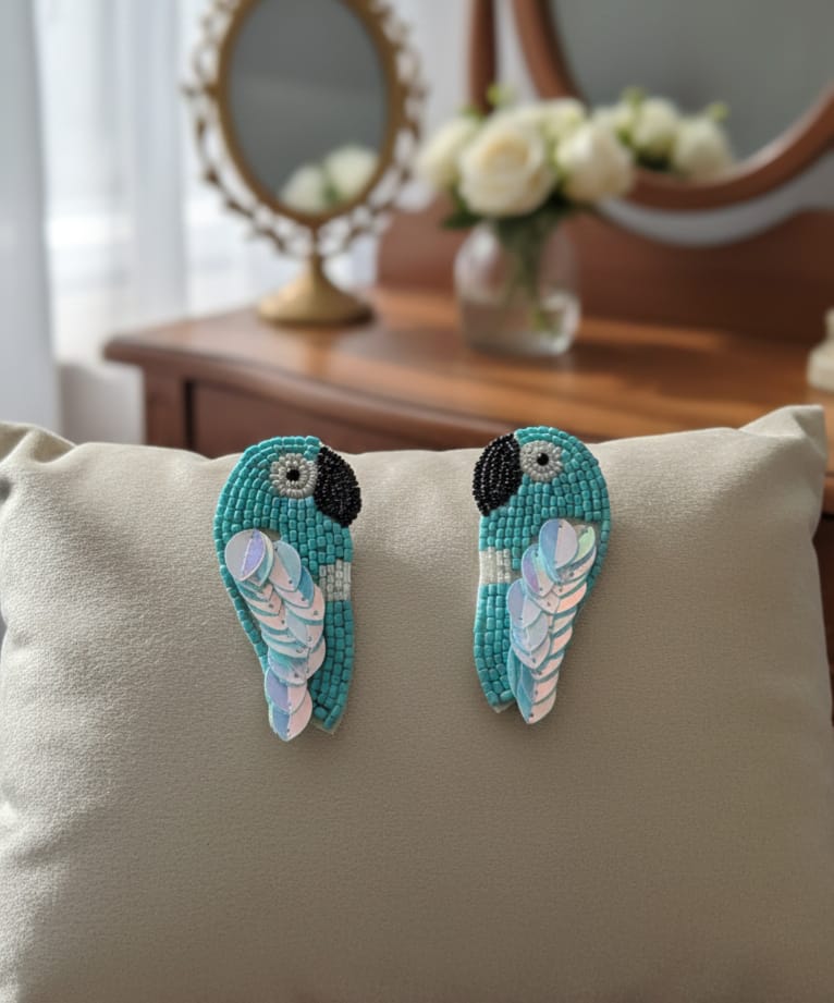 Handmade Turquoise Macaw Parrot Earrings - Beaded Statement Dangles