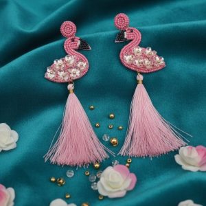 Handmade Pink Flamingo Tassel Earrings - Beaded Statement Jewelry