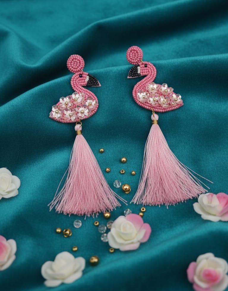 Handmade Pink Flamingo Tassel Earrings - Beaded Statement Jewelry