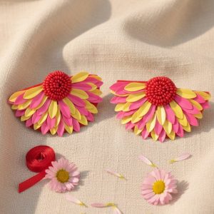 Handmade Pink & Yellow Beaded Butterfly Handmade Earrings - Statement Dangles