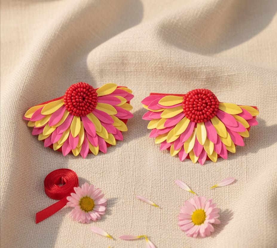 Handmade Pink & Yellow Beaded Butterfly Handmade Earrings - Statement Dangles