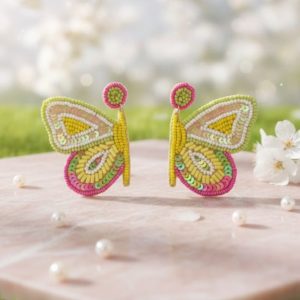 Handmade Beaded Butterfly Earrings - Pink & Yellow Statement Jewelry