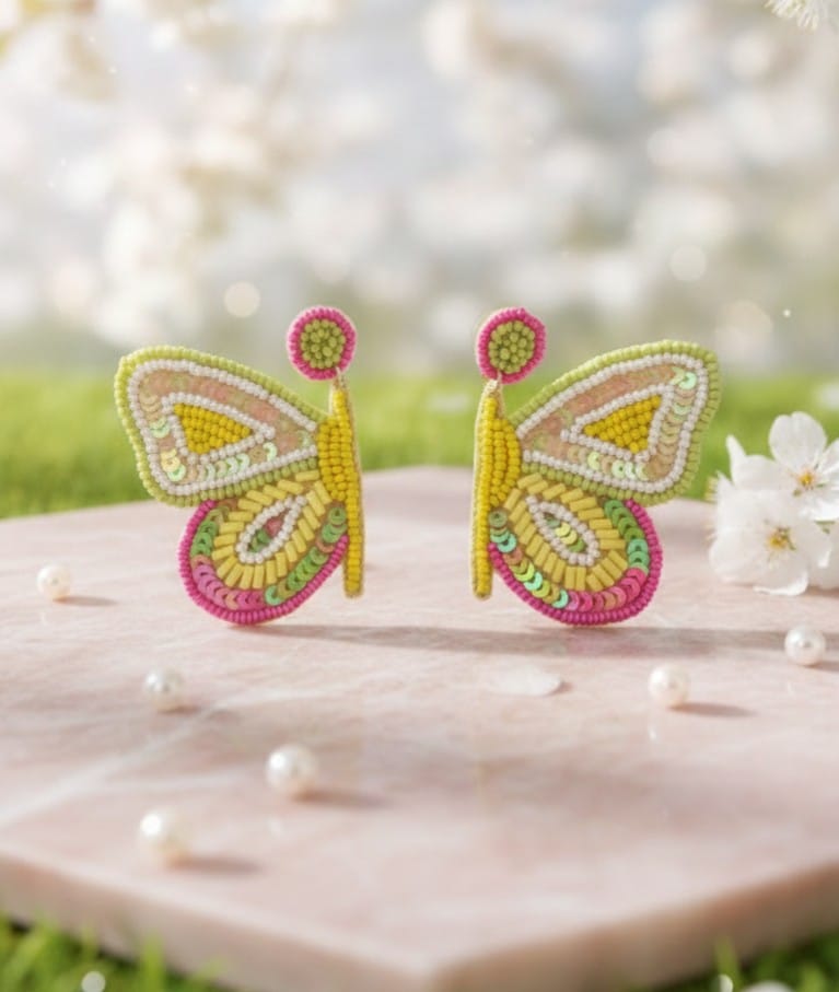 Handmade Beaded Butterfly Earrings - Pink & Yellow Statement Jewelry