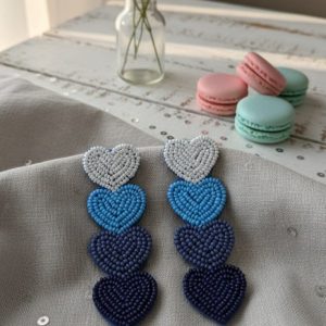 Stacked Ombre Blue Heart Earrings | White & Navy Beaded Dangle Statement Jewelry | Romantic Gift for Her