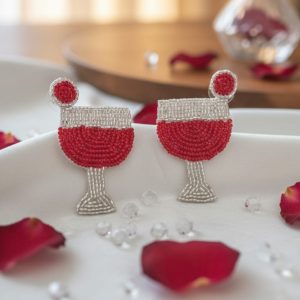 Handmade Beaded Wine Glass Earrings - Red & Silver Party Jewelry