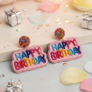 Happy Birthday Beaded Statement Earrings | Sprinkle Studs & Pink Dangle Jewelry | Celebration Party Accessories