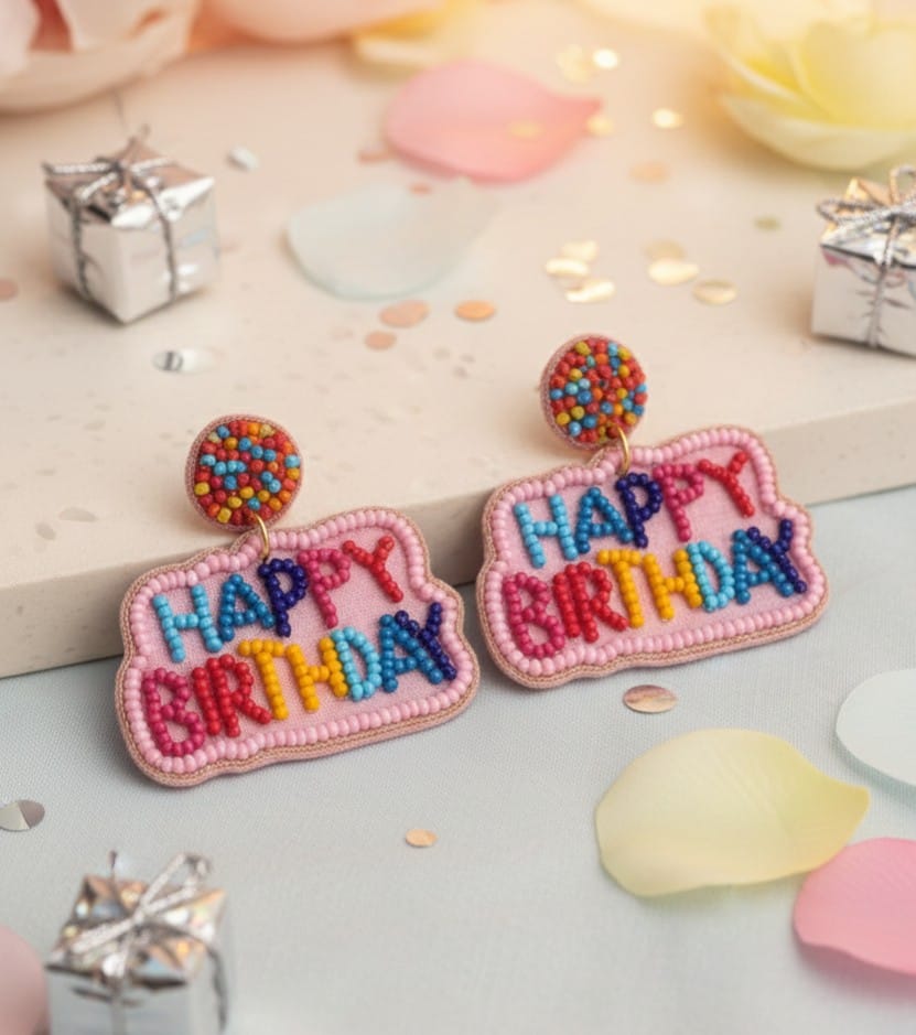 Happy Birthday Beaded Statement Earrings | Sprinkle Studs & Pink Dangle Jewelry | Celebration Party Accessories