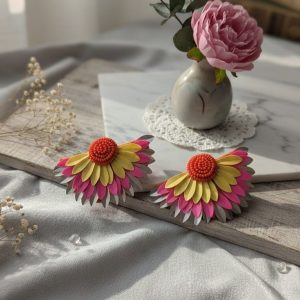 Layered Petal Flower Statement Earrings | Neon Pink Yellow & Gray Dangle Jewelry | Bold Summer Accessories