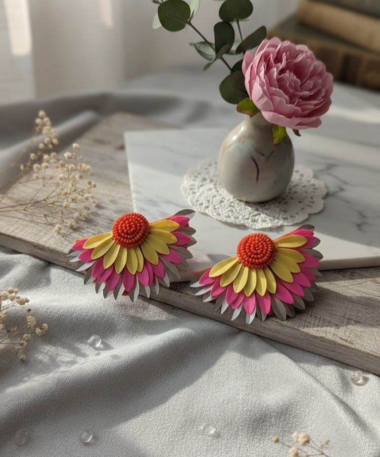 Layered Petal Flower Statement Earrings | Neon Pink Yellow & Gray Dangle Jewelry | Bold Summer Accessories