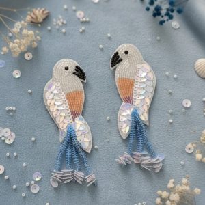 Sequin & Beaded Tropical Parrot Earrings | White & Blue Macaw Drop Jewelry | Coastal Statement Accessories