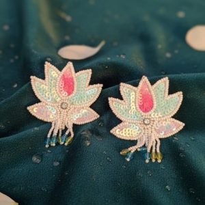 Iridescent Lotus Flower Statement Earrings | Pastel Mint Pink & Sequin Beaded Studs | Elegant Wedding Jewelry