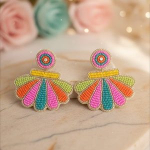 Colorful Beaded Fan Drop Earrings | Neon Pink Orange Teal Statement Jewelry | Summer Festival Accessories