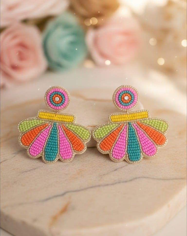 Colorful Beaded Fan Drop Earrings | Neon Pink Orange Teal Statement Jewelry | Summer Festival Accessories