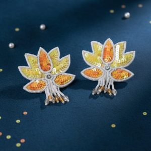 Yellow & Orange Sequin Lotus Earrings | White Beaded Flower Studs | Glamorous Nature-Inspired Jewelry