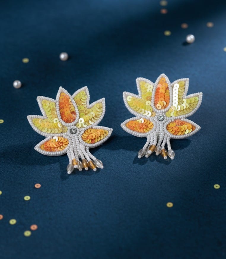 Yellow & Orange Sequin Lotus Earrings | White Beaded Flower Studs | Glamorous Nature-Inspired Jewelry