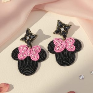 Beaded Minnie Mouse Earrings with Star Stud | Black & Pink Bow Dangle Statement Jewelry