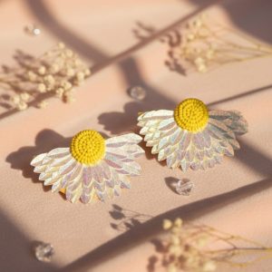 Handmade Daisy Statement Earrings – Yellow Beaded Center & Iridescent Petals | Floral Summer Jewelry