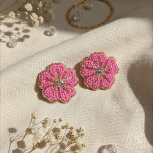 Handcrafted Pink Floral Beaded Earrings