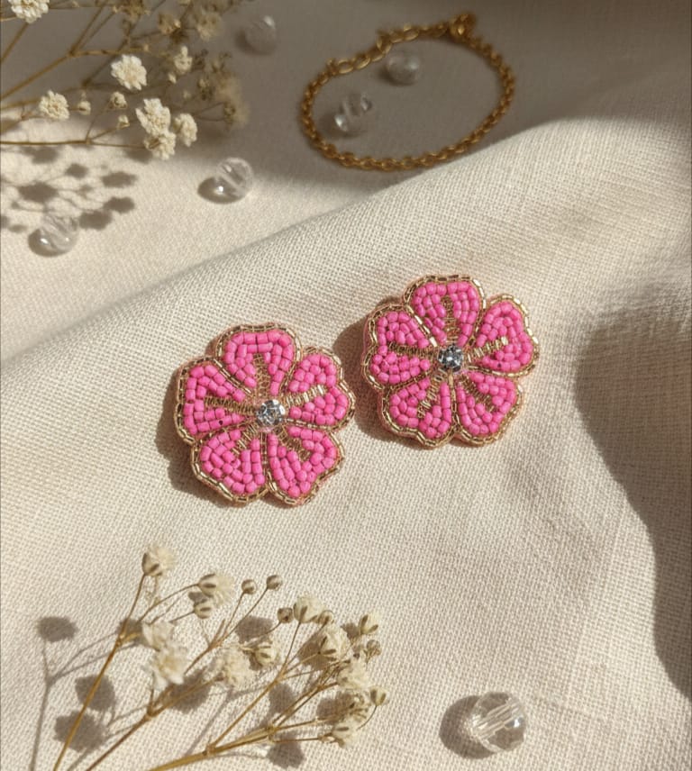 Handcrafted Pink Floral Beaded Earrings