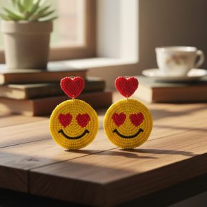 Handmade Smiley Face Heart Eyes Earrings – Beaded Emoji Statement Love Studs