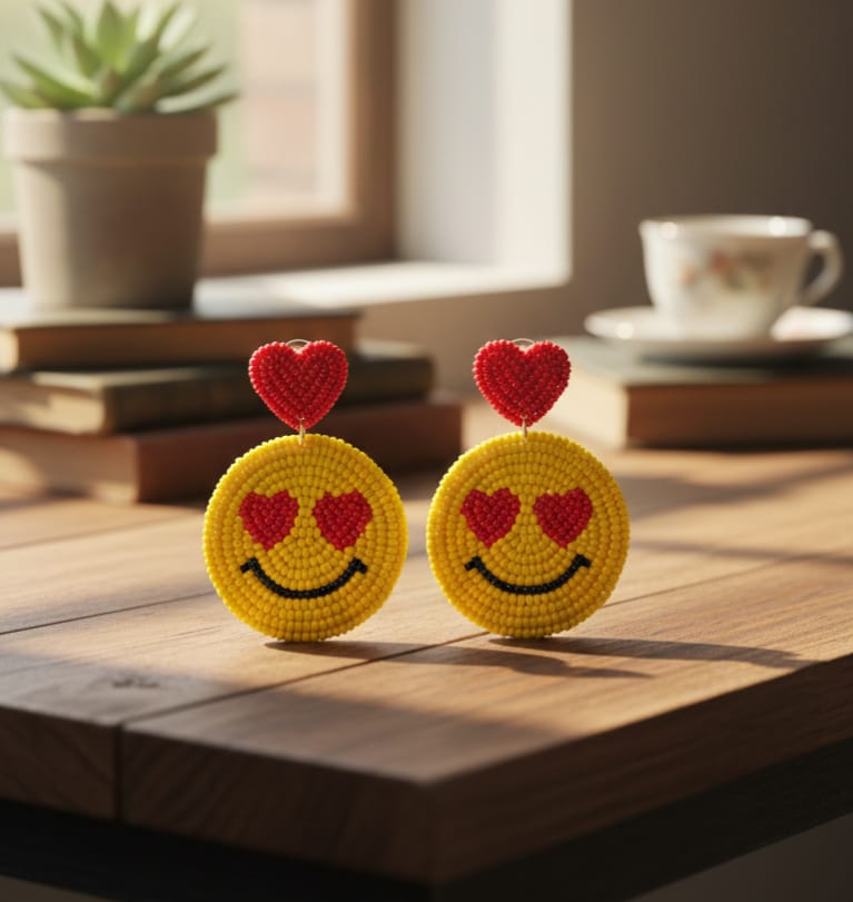 Handmade Smiley Face Heart Eyes Earrings – Beaded Emoji Statement Love Studs