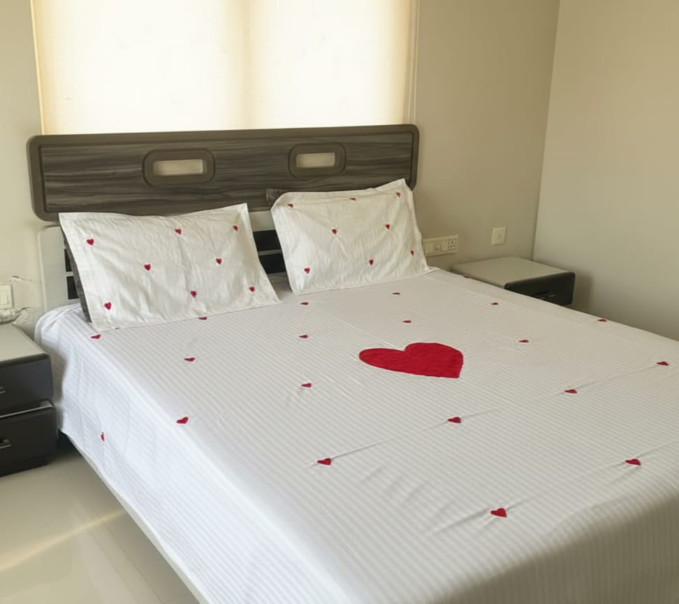White Cotton Bedsheet (108×108) with Red Heart Embroidery | King Size Romantic Bedding Set with Pillow Covers